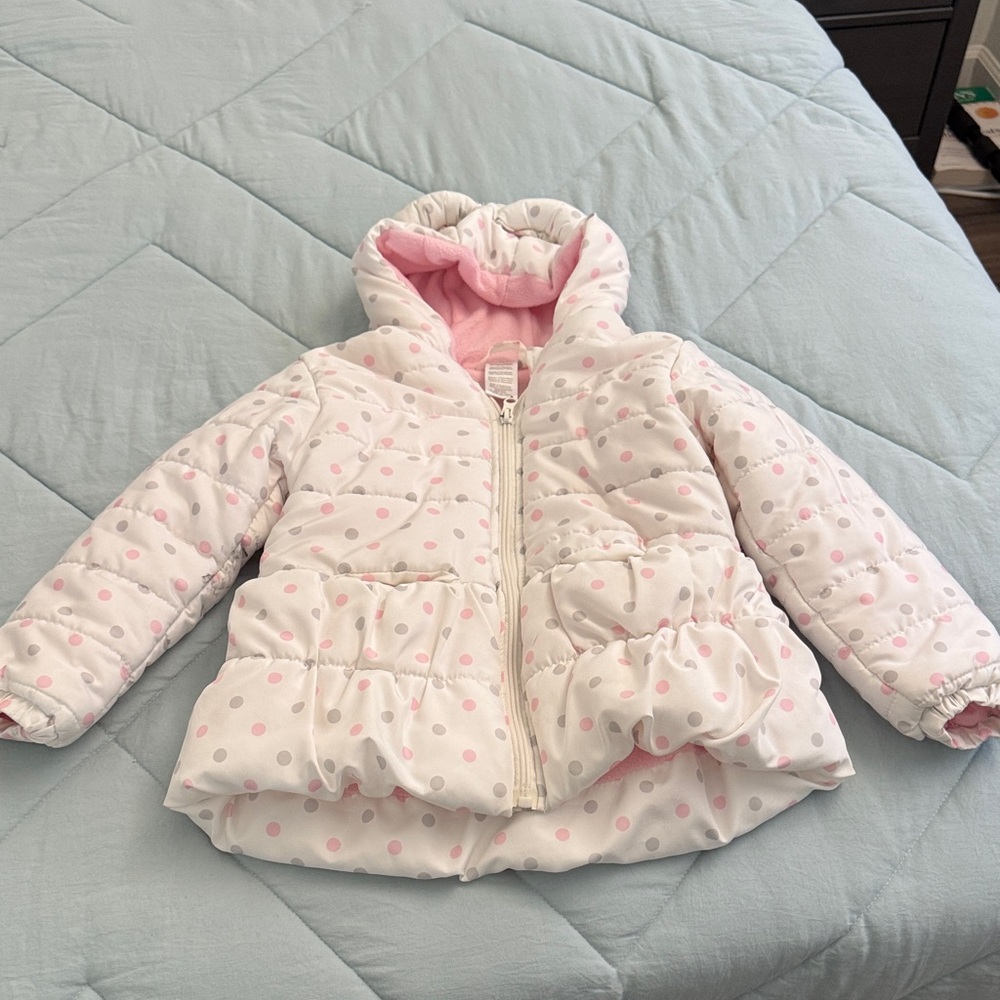 Girls Polka Dot Puffer Coat in Pink and White 4T